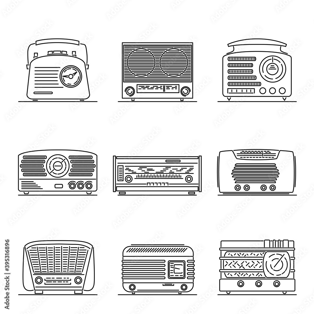 Set of simple vector images of retro radio drawn in art line style. Set of simple vector images of retro radio drawn in art line style.