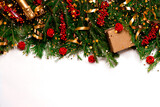 Festive New Year background. Christmas and New Year decorations fir tree and bokeh lights. Top horizontal view copyspace