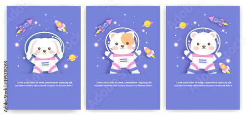 Set of baby shower greeting cards with a cute animals journey into the galaxy .