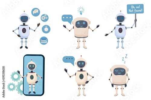 Set of chatbot, artificial intelligence, assistant with icons and bubble speech isolated on white background. Modern character design in flat style.