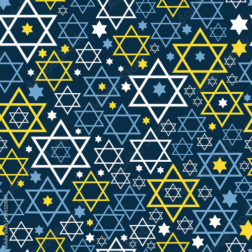 Seamless pattern. Star of David. Vector thematic texture on blue. Hanukkah surface design.