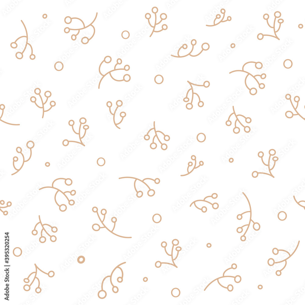 Abstract background in a minimalistic style. Vector seamless pattern. Hand-drawn twigs with berries and snow. Simple linear drawing in white on a brown background. Fabric print, wrapping paper