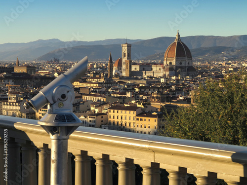 unused telescopes to admire the view on the panoramic terrace of Piazzale Michelangelo in Florence. No tourists due to the blockade of the Covid 19 pandemic. Italy           photo