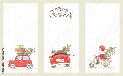 Santa hurries to bring gifts. Set Christmas cards. Grandfather with a bag and and Christmas tree in a convertible car and on a scooter, vector illustration.
