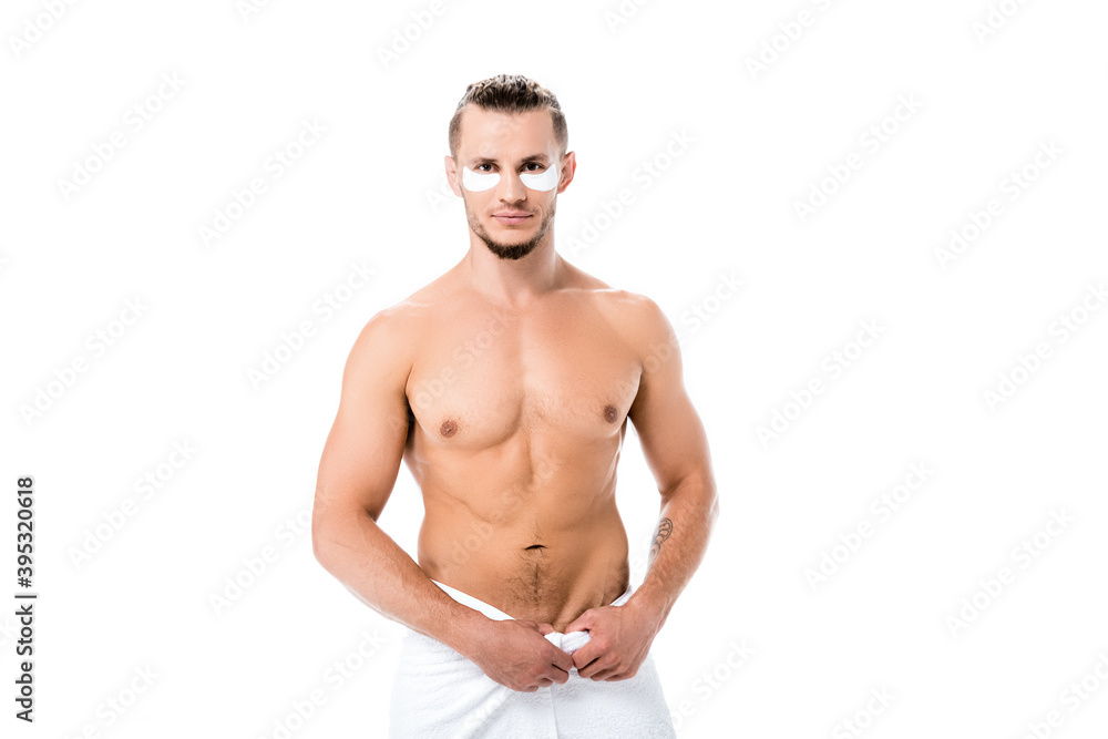 shirtless man in towel with eye patches on face isolated on white shirtless man in towel with eye patches on face isolated on white