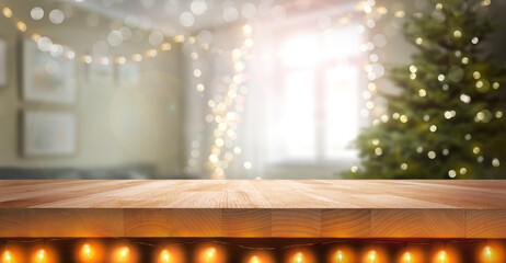 A wood table, tabletop product display with fairy lights under it and a festive living room Christmas background of Christmas tree and fairy lights.