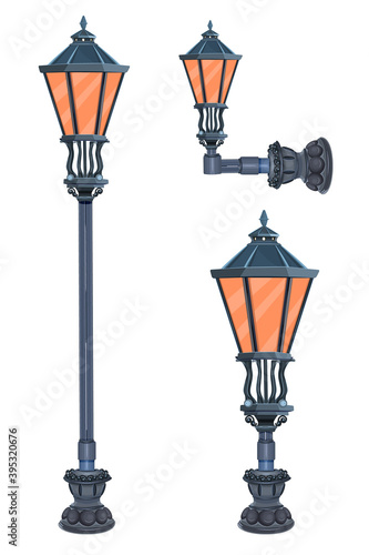 Street lamps realistic set isolated on white background. Collection of city victorian light. Road old ancient lantern. Retro vintage lamp post set with electricity lantern. Stock vector illustration