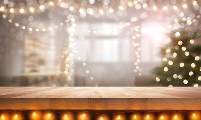 A wood table, tabletop product display with fairy lights under it and a festive Christmas background of Christmas tree and fairy lights.
