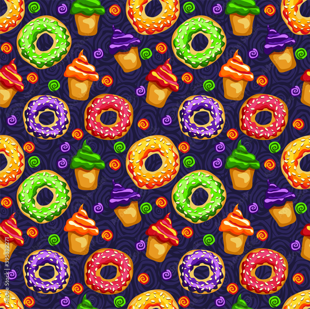 Naklejka premium Vector seamless pattern with desserts, donuts and cupcakes. Beautiful junk food sweets. Unhealthy food. Appetizing background