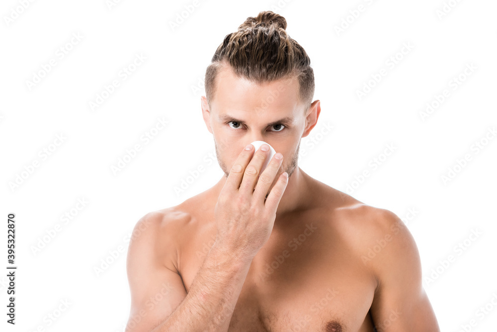 shirtless man using cotton pad isolated on white shirtless man using cotton pad isolated on white