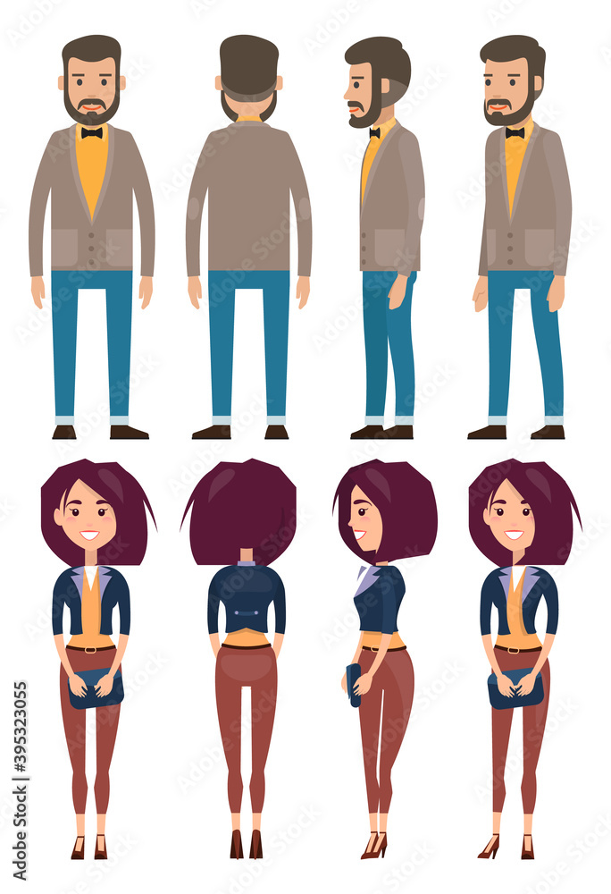 Stylish businessmen. Set of man and wooman characters front, side, back view. Bearded man in a shirt with a bow tie. Fashionable businesswoman with clutch bag in hand flat style illustration Stylish businessmen. Set of man and wooman characters front, side, back view. Bearded man in a shirt with a bow tie. Fashionable businesswoman with clutch bag in hand flat style illustration