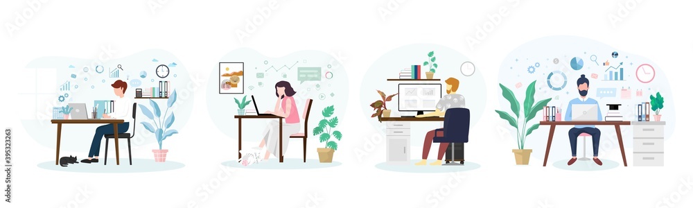 4Set working on laptop at home or home office vector Flat illustration concept design, Freelance or blogger Working From home and Study at home concept.