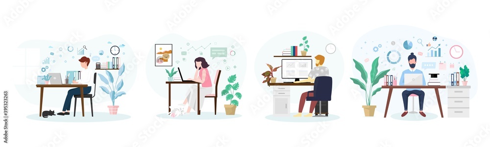 4Set working on laptop at home or home office vector Flat illustration concept design, Freelance or blogger Working From home and Study at home concept. 4Set working on laptop at home or home office vector Flat illustration concept design, Freelance or blogger Working From home and Study at home concept.