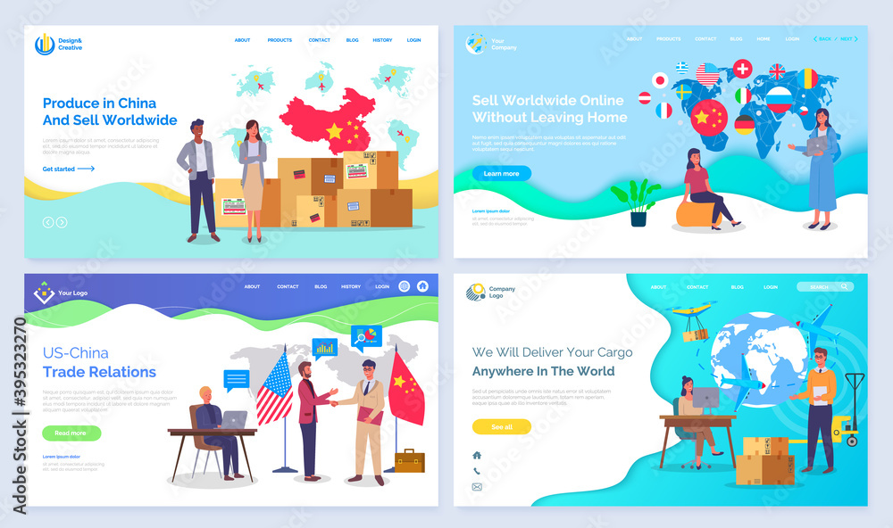International trade concept landing page template set, sell worldwide on online marketplace. People telling about global sales standing near presentation page of digital data, globe with marks