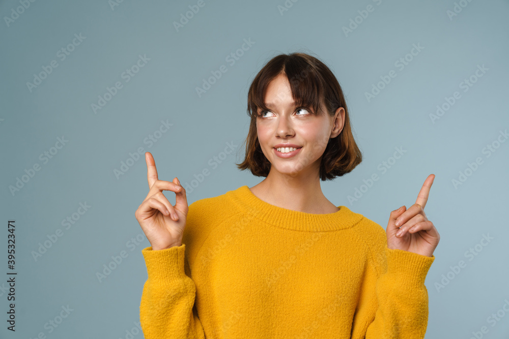 Impressed lady showing recommendation isolated