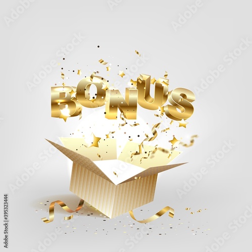 Open textured blue box with confetti explosion inside and win gold word on white background horizontal illustration.