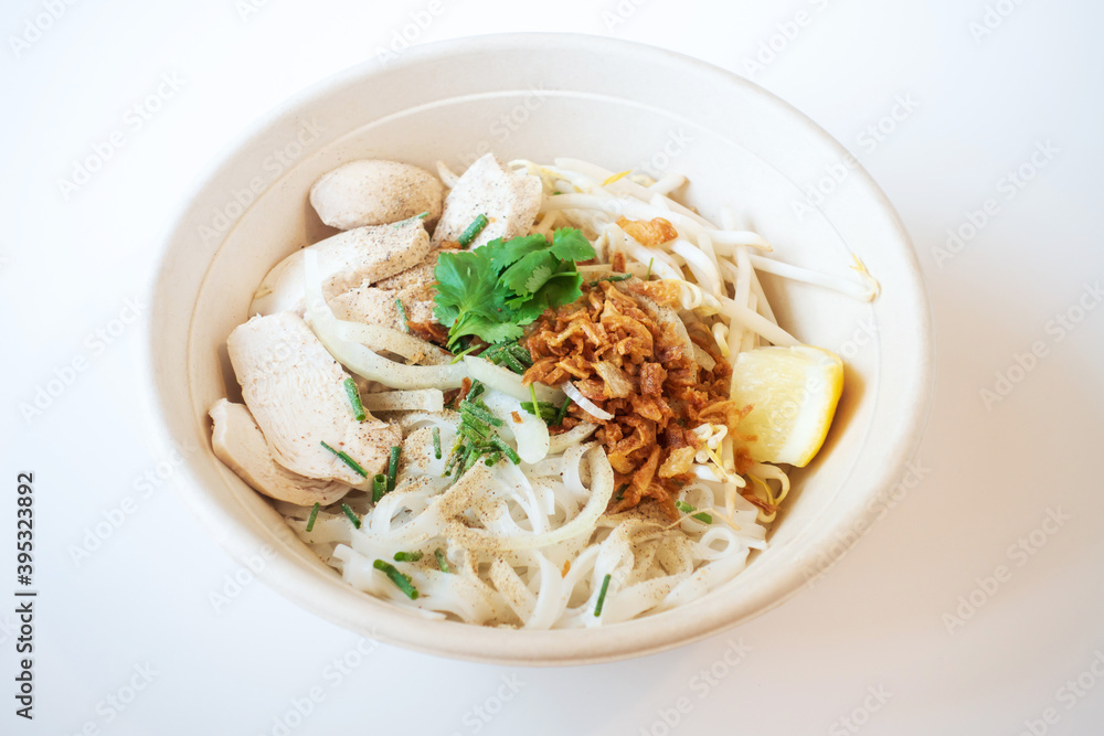 Delicious homemade Vietnamese soup Pho cooked with rice noodles, coriander leaves, soy sprouts, onions and chicken pieces for a complete and healthy meal Delicious homemade Vietnamese soup Pho cooked with rice noodles, coriander leaves, soy sprouts, onions and chicken pieces for a complete and healthy meal