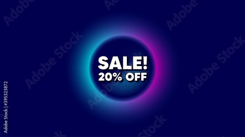 Sale 20% off discount. Abstract neon background with dotwork shape. Promotion price offer sign. Retail badge symbol. Offer neon banner. Sale badge. Space background with abstract planet. Vector © blankstock