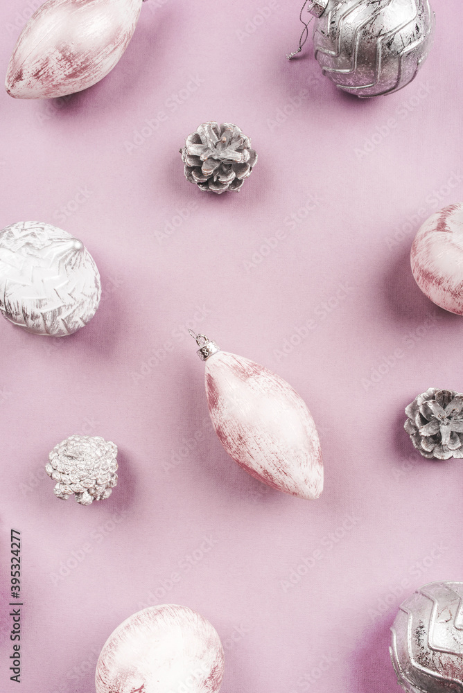 Fototapeta premium Festive Christmas background with Christmas decorations. Flat lay, top view.