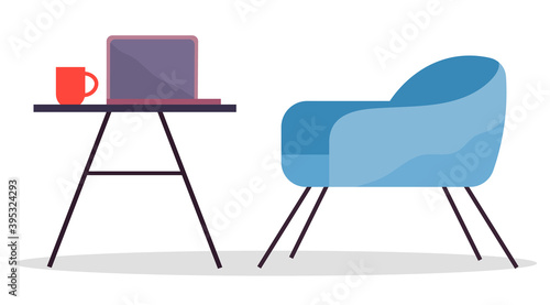 Modern cozy workplace flat design. Soft blue low chair and office desk with a laptop and cup isolated on white background. Furniture and equipment for the workplace of an employee or office worker