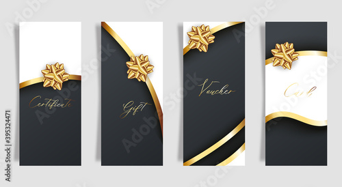 Set of luxury black cards with gold gift bows with ribbons.