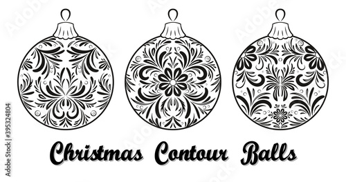 Christmas Holiday Decoration, Set Balls with Floral Pattern, Contours. Vector
