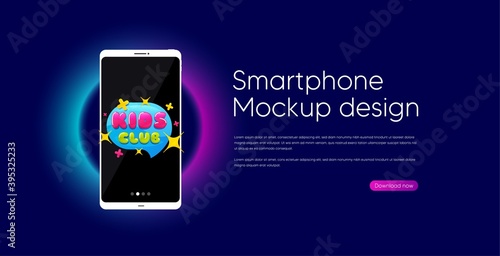 Kids club banner. Mobile phone vector mockup. Fun playing zone sticker. Children games party area icon. Smartphone mockup template. Kids club banner. Phone screen frame. Neon background. Vector
