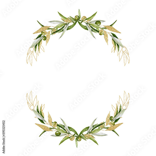 Watercolor olive wreath with gold glitter branches. Olive berries. Frame for wedding, invitations, greetings,  fashion.  Hand painted herbal. Half wreath