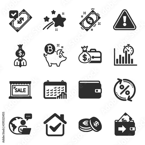 Set of Finance icons, such as Bitcoin coin, Report timer, Manager symbols. Calendar graph, Money wallet, Accepted payment signs. Salary, Sale, Loan percent. Savings, Payment, Wallet. Vector