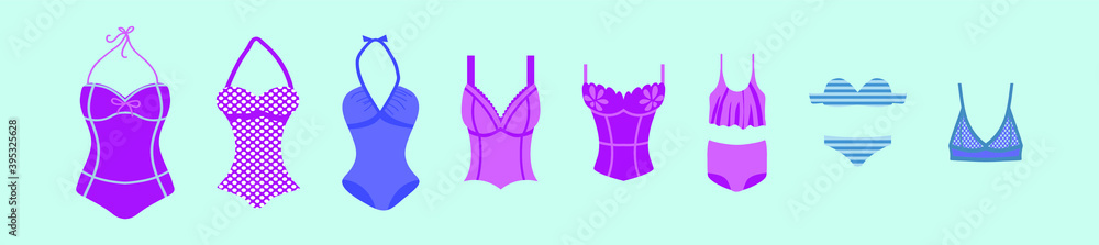 set of women s bikini for swimming. Fashion collection of trend colorful bright swimsuits in flat style set of women s bikini for swimming. Fashion collection of trend colorful bright swimsuits in flat style