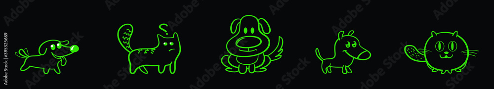 set of dogs and cats. cartoon icon design template with various models. vector illustration isolated on black background set of dogs and cats. cartoon icon design template with various models. vector illustration isolated on black background