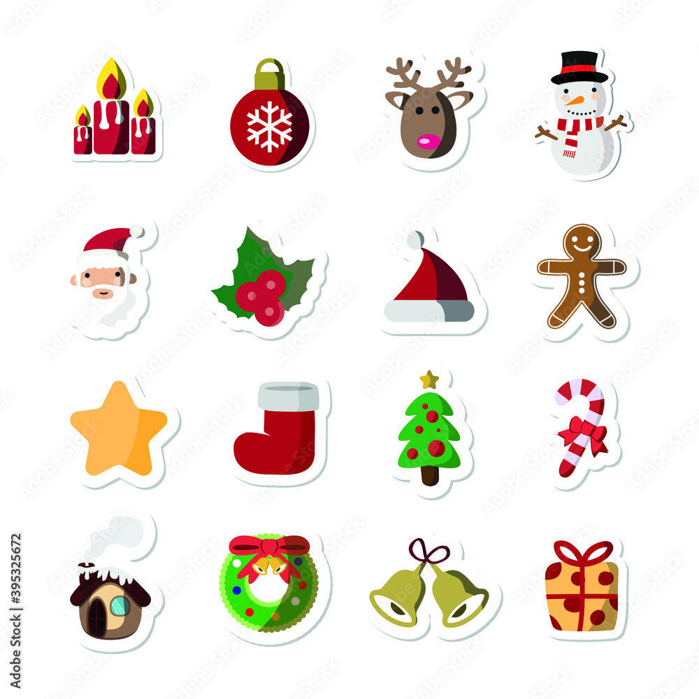 Vector image. Funny Christmas stickers. Icons of santa claus, deer, christmas ball, tree, house. Images to decorate. Vector image. Funny Christmas stickers. Icons of santa claus, deer, christmas ball, tree, house. Images to decorate.