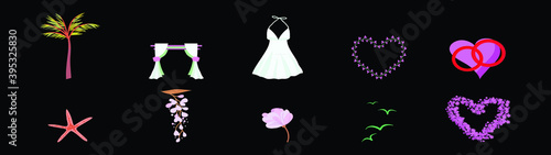 set of beach wedding element cartoon icon design template with various models. vector illustration isolated on black background