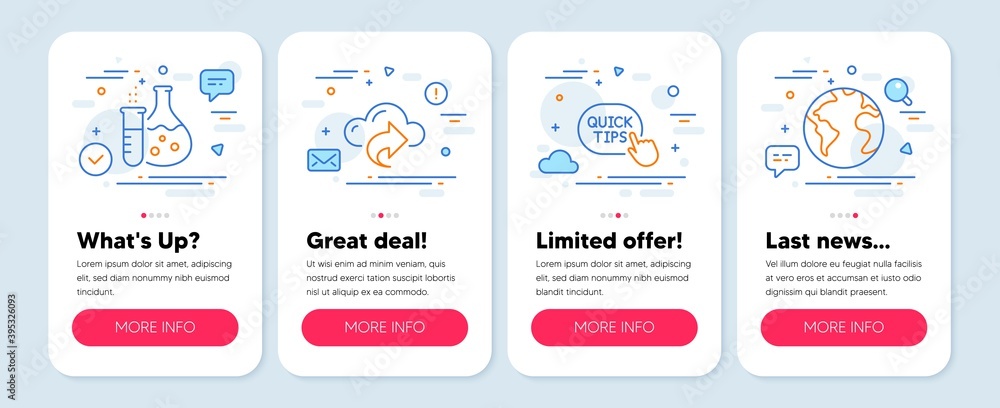 Set of Technology icons, such as Chemistry flask, Quick tips, Cloud share symbols. Mobile screen app banners. World planet line icons. Laboratory, Helpful tricks, Data sharing. Vector Set of Technology icons, such as Chemistry flask, Quick tips, Cloud share symbols. Mobile screen app banners. World planet line icons. Laboratory, Helpful tricks, Data sharing. Vector