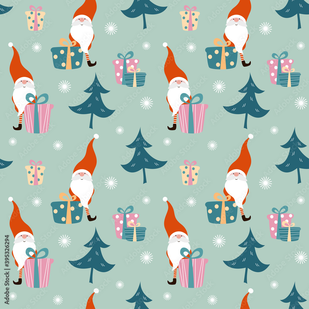 Christmas and New Year seamless pattern for greeting cards, wrapping paper. Merry Christmas gnomes with gifts.
