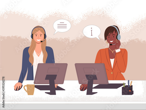 Characters female call center hotline. Online support worker, telephone service operator. Dispatcher, workplace of customer support manager at computer. Remote service specialist with headphone