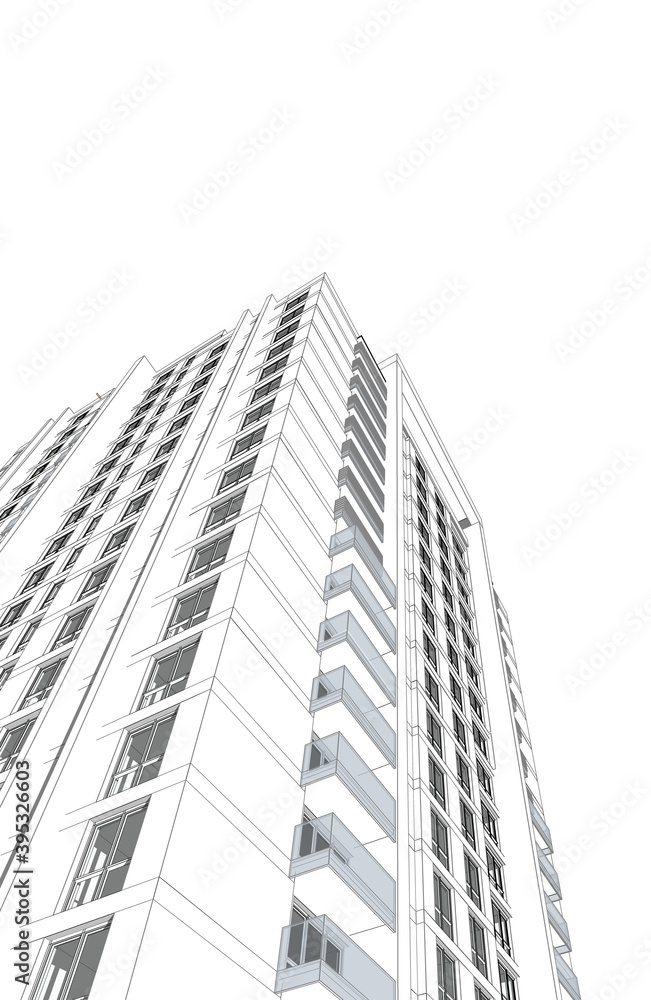 Abstract 3D illustration of a residence building facade. Looking up perspective in grey tones. Building located at lefthand corner of the image. Abstract 3D illustration of a residence building facade. Looking up perspective in grey tones. Building located at lefthand corner of the image.