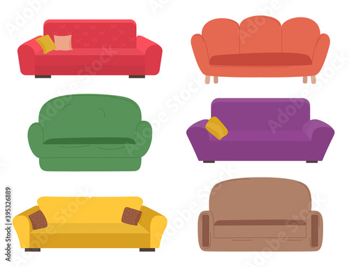 Sofa multicolored set . Living room furniture design concept modern home interior element flat vector. Contemporary furniture for living room or home office. Modern divan with soft cloth upholstery