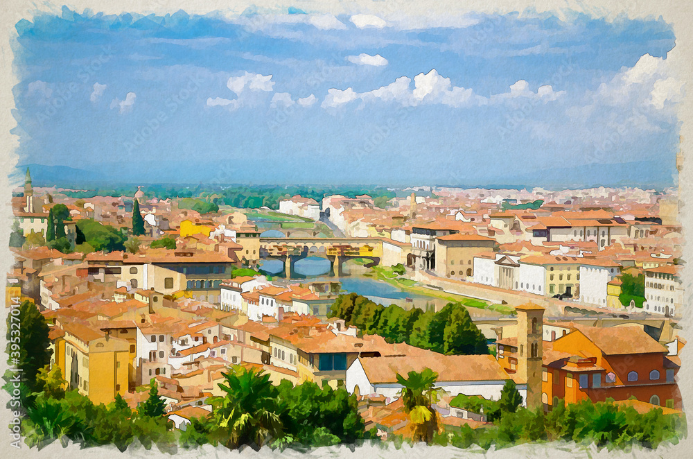 Watercolor drawing of Top aerial panoramic view of Florence city with Ponte Vecchio bridge over Arno river