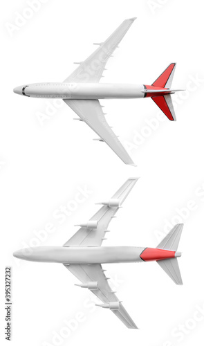 Collage with toy airplane isolated on white, top and bottom view