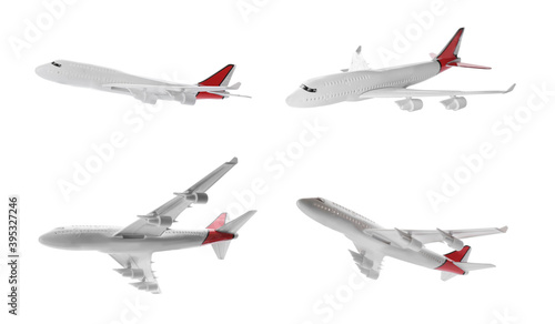 Collage with toy airplane isolated on white, view from different sides