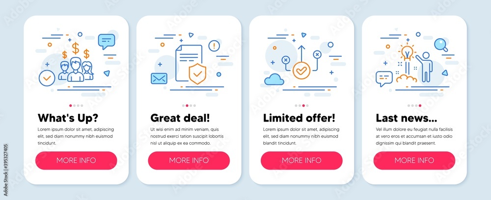 Set of Business icons, such as Salary employees, Correct way, Insurance policy symbols. Mobile screen banners. Creative idea line icons. People earnings, Good choice, Coverage document. Vector