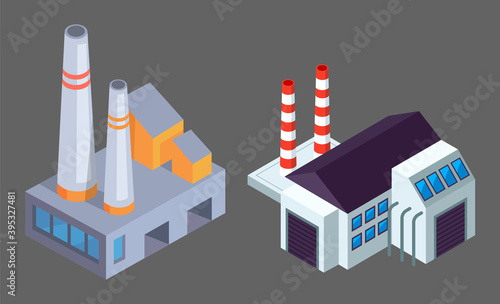 Factory building vector illustration. Industrial structure premise with pipes from the roof. Manufacture building with several housing isolated on gray. Industrial construction in the factory