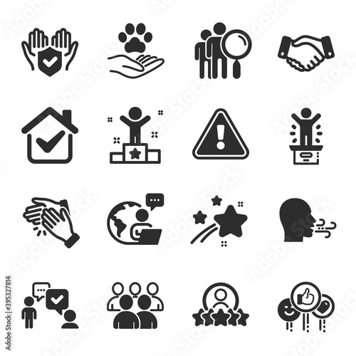 Fototapeta Naklejka Na Ścianę i Meble -  Set of People icons, such as Insurance hand, Clapping hands, Employees handshake symbols. Human rating, Winner podium, Like signs. Consulting business, Group, Breathing exercise. Winner. Vector