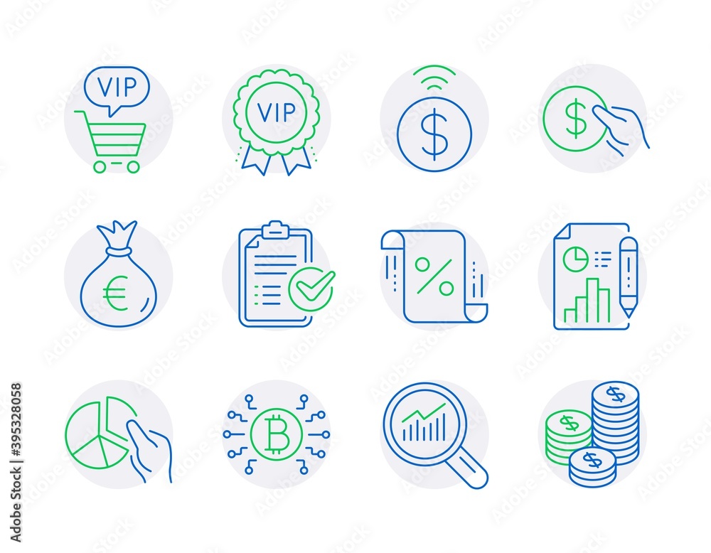 Finance icons set. Included icon as Survey checklist, Pie chart, Money bag signs. Bitcoin system, Contactless payment, Vip shopping symbols. Payment, Vip award, Report document. Coins. Vector