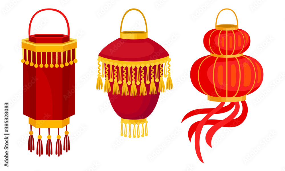Chinese Lantern Made of Paper or Silk as Festive Luminaria Vector Set Chinese Lantern Made of Paper or Silk as Festive Luminaria Vector Set
