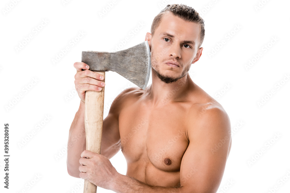 shirtless man in towel shaving with ax isolated on white shirtless man in towel shaving with ax isolated on white