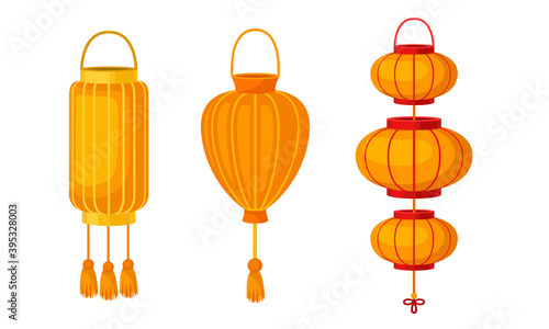 Chinese Lantern Made of Paper or Silk as Festive Luminaria Vector Set
