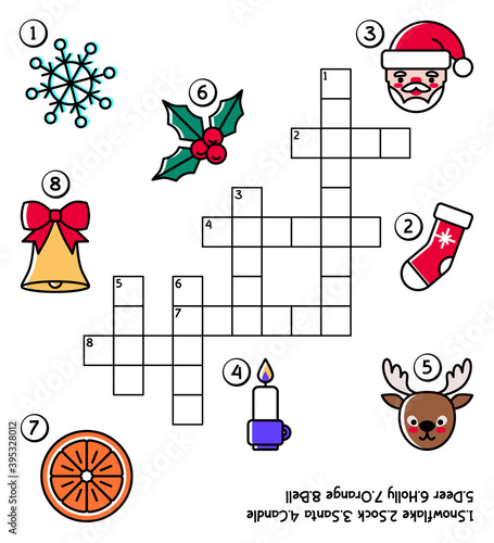 Christmas crossword puzzle for kids with Santa Claus, sock, deer, bell, holly, candle, snowflake, orange. Cartoon style