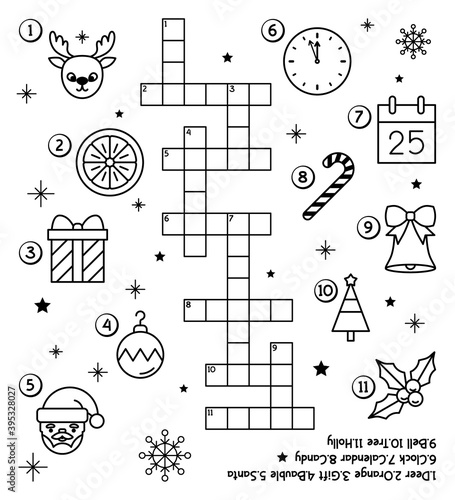 Christmas crossword puzzle for kids with Santa Claus, deer, bell, holly, candy cane, gift box, clock, orange. Line art